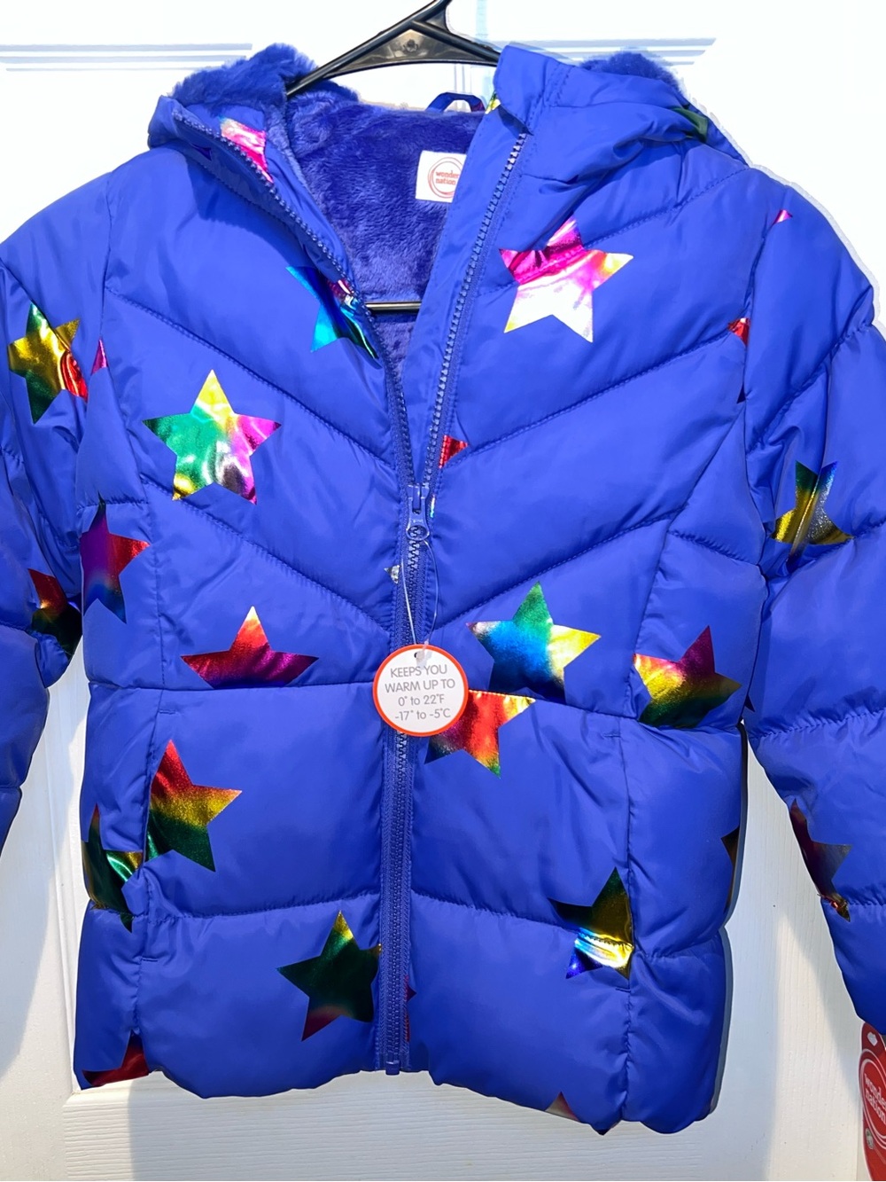 Kids Star Puffer Jacket - Blue with Rainbow Stars